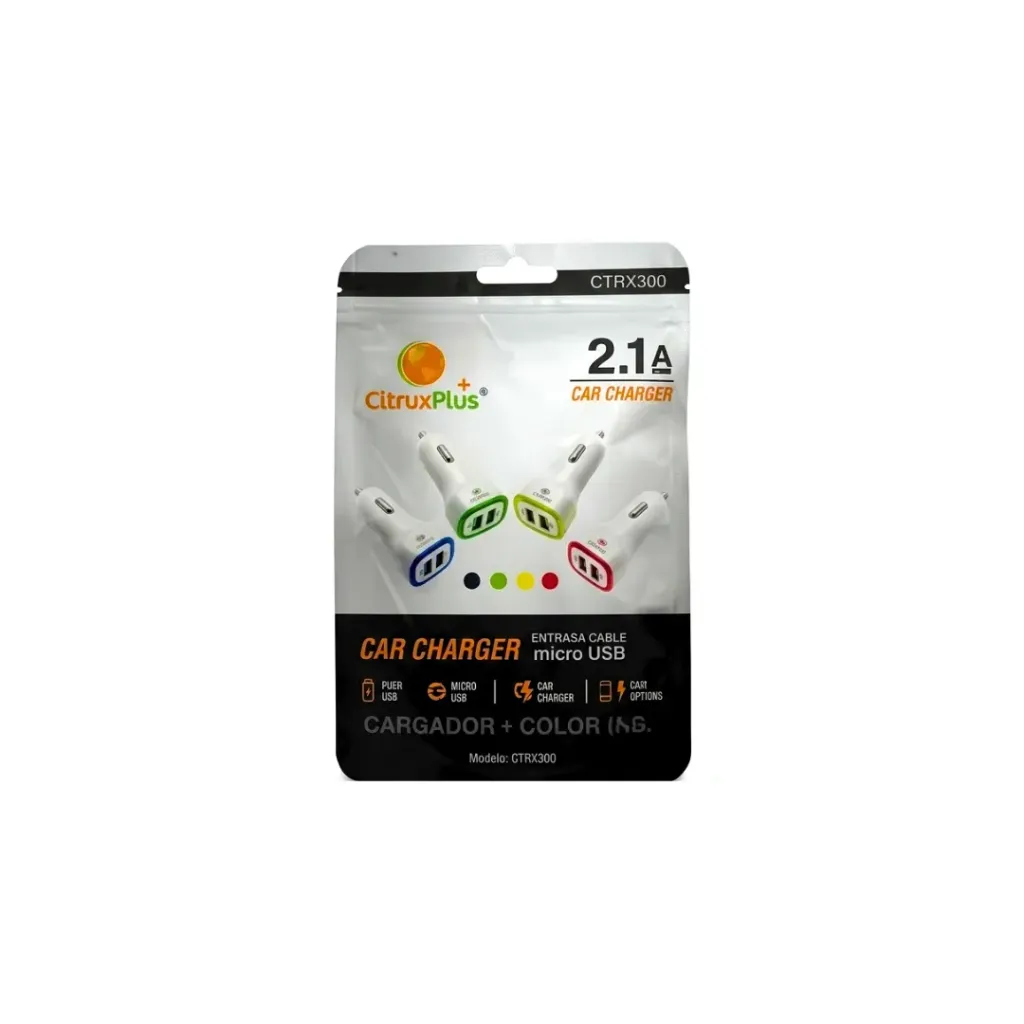 [0820] CARGADOR DE CARRO CITRUX PLUGIN 2.1AMP 2 USB CTRX300